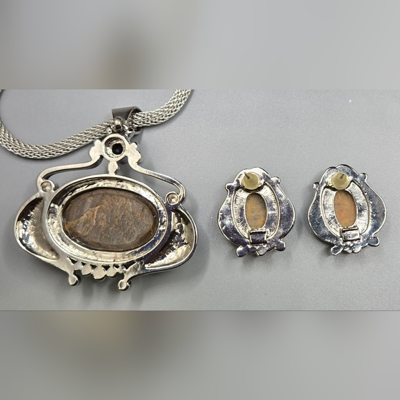 Tourmaline Necklace Earring Set Silver Tone Large Stones 16" + 3" Extender - Picture 4 of 6